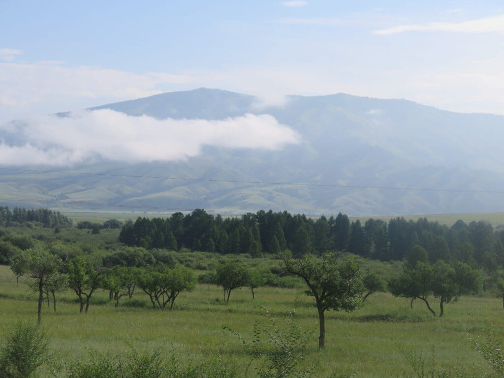 Landschaft in der Mongolei, grün, mit eine Wolke davor